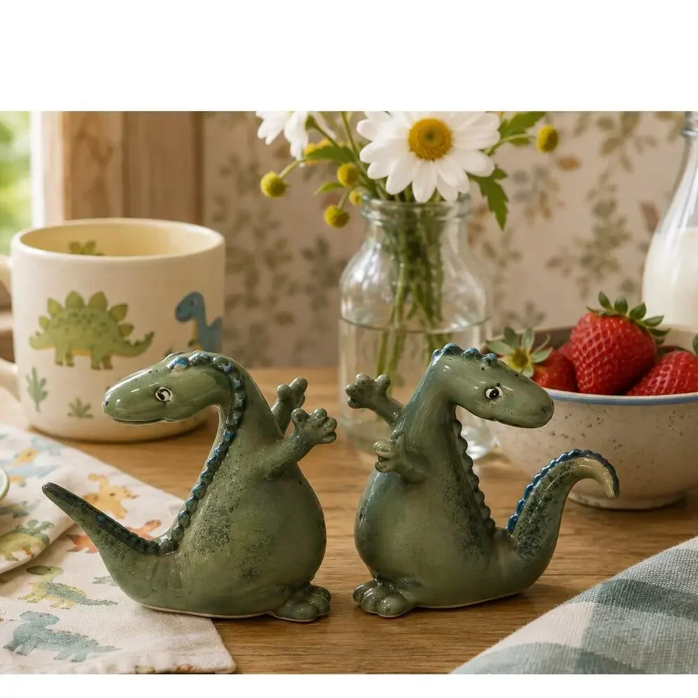 Vintage 1950s Norcrest Dinosaur Salt & Pepper Shakers Japan Green MCM Kitsch